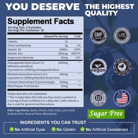 (2 Packs) Sugar Free Ashwagandha Filled Gummies w/Vitamin D3, Magnesium Glycinate, Rhodiola, Ultra Strength Ashwa Root Supplements for Women & Wen, for Relaxation, Energy, Cortisol Gummies