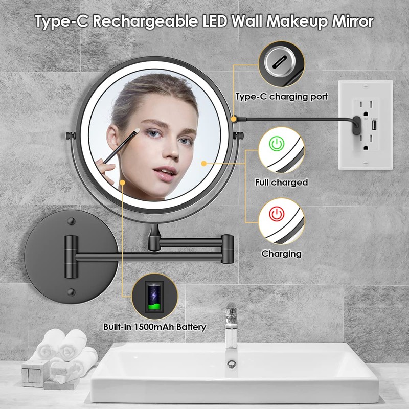 Rocollos Rechargeable Lighted Makeup Mirror, Vanity Mirror with 3 Color