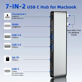 USB C Hub Adapter for MacBook Pro/Air, 7-in-2 MacBook Accessories with 4K@60Hz HDMI, Thunderbolt 4, USB C & 2 USB A 3.0, SD/TF Card Reader, for MacBook Pro/Air M5/M4/M3/M2/M1 2018-2025 13" 15" 16"