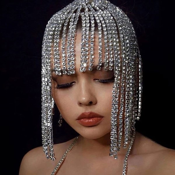 STONEFANS Tassel Rhinestone Cap Headpiece Flapper Crystal Head Chain Jewelry Belly Dance Wedding 1920s Hair Accessories for Women