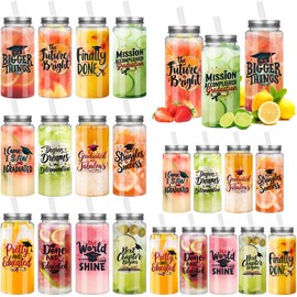Reallnaive 24 Pcs 2025 Graduation Gifts Bulk Graduation Plastic Cups 13. 5 oz Class of 2025 Mason Jars with Straws Reusable Happy Class Tumbler for Congrats Grad Party Gifts