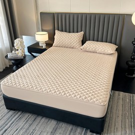 ZIQINPSQ Gingham Fitted Sheet Full Size - 18" Deep Pocket Cotton Quilted, Non-Slip Skincare Bed Sheet,Khaki