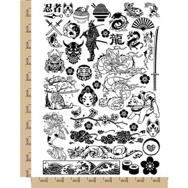 Japanese Sakura Katanas and Dragons Temporary Tattoo Water Resistant Fake Body Art Set Collection - Black (One Sheet)