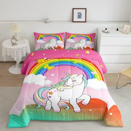 Kawaii Unicorn Queen Comforter Set - Girls Bedding with Rainbow Gradient Quilted Duvet, Stars, Musical Notes, Reversible Down Comforter, Multicolor 3Pcs