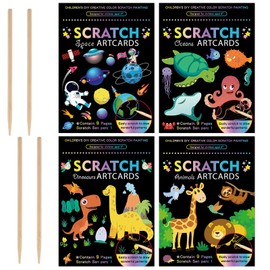 BEELUKY 4 Pieces Scratch Pictures for Children Magic Scratch Book 19 x 14 cm Scratch Paper Set Scratch Pad with 4 Wooden Pens Scratch Books for Children DIY for Drawing and Crafts Animal Oceans