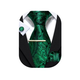 Barry.Wang Men's Plain Paisley Tie Satin with Pocket Square Wedding Tie Set, Light Emerald Green