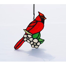 BOXCASA Red Cardinal Gifts Stained Glass Window Hanging,Red Birds On Flower Cardinal Decor Glass Suncatcher for Home Decorations,Stained Glass Art Sympathy Cardinal Gifts for Women