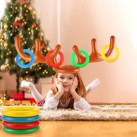 Christmas Party Games Inflatable Reindeer Ring Toss Game for kids, adults, and family-Christmas eve reindeer game includes 2 Hats, 12 Rings, 1 pump and 32 Stickers-Christmas fun with reindeer hoopla.