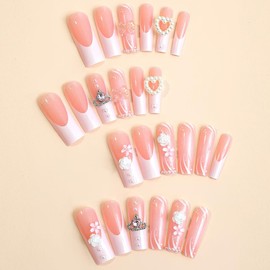 24 Pcs Square Press on Nails Long Fake Nails Cute Flower Heart Glue on Nails Reusable White French Tip Stick on Nails with Design Full Cover Pink Bow False Nails Nude Acrylic Nails for Women Manicure