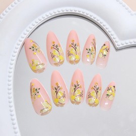 24Pcs Summer Press on Nails Medium Almond Fake Nails with Flowers Glue on Nails Reusable Nude False Nails Cute Flower Acrylic Nails Glossy Full Cover Stick on Nails for Women Manicure Decoration