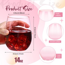 Layhit 32 Pcs Pink Plastic Wine Glasses Stemless Reusable Wine Glasses Unbreakable Plastic Cups for Wedding Birthday Valentine's Day Champagne Party(14 oz)