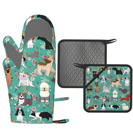 Dog Silicone Oven Mitts and Pot Holders Set Kitchen Gloves Potholders Heat Resistant for Chef Baking Cooking Grilling BBQ (Set of 4)