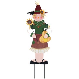 YEAHOME Outdoor Fall Decor, Metal Girl Scarecrow Garden Stakes with Sunflowers & Pumpkin for Fall Decorations, Autum Yard Signs for Outside Garden Lawn Porch Thanskgiving Decorations