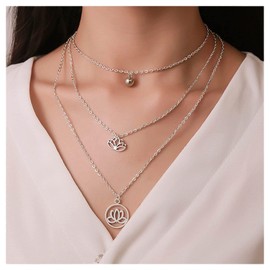 Cimenexe Bohemian Layered Lotus Pendant Necklace Lotus Flower Choker Necklace Karma Circle Necklace Chain Silver Hollow Flower Necklace Hollow Circle Eternity Necklace Jewelry for Women and Girls