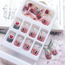 24Pcs Valentine's Day Press on Nails Short Square Glitter French Tip Fake Nails Pink Black Heart Full Cover Glue on Nails Romantic Valentines Manicure Designs Holiday False Nails for Acrylic Nails DIY