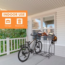 Bike Rack, 3 Bike Stand Rack, with Baskets Storage and 6 Hooks, Bicycle Floor Parking Stands, Bike Storage Stand, Bike Rack Garage, Free Standing Bike Rack, Indoor Outdoor Sports Storage Station