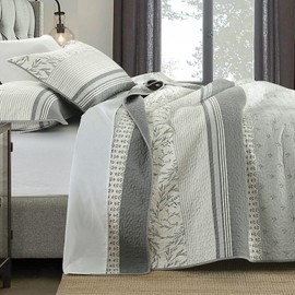 DDUOXIN 100% Cotton King Quilt - Modern Stripe King Size Quilt with 2 Pillow Shams, Bedspread Reversible Lightweight Comforter Bedding Set for All Seasons, Dark Gray/Light Gray/Beige