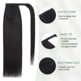 S-noilite Remy Wrap Around Ponytail Wrap Pony Tail Clip In On Ponytail Human Hair Extension 16" Natural Black One Piece Silky Straight Brazilian Hair Magic Paste 80g (16"Straight,1B)