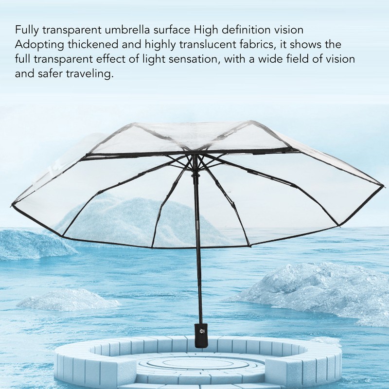 Clear Automatic Foldable Umbrella 8 Ribs 3 Folding Black Edging
