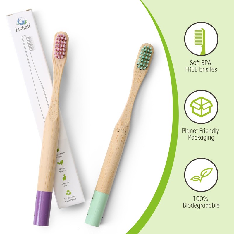 Isshah Kids Bamboo Toothbrushes Biodegradable Handle BPA Free Eco Friendly