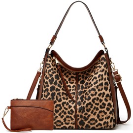Large Trendy Designer Hobo Tote Bag for Women, Soft Leather Crossbody Shoulder Handbag, Purse and Wallet Set - Leopard