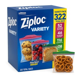 Ziploc 322 Count Variety Pack | Gallon, Quart, Sandwich, Snack Bags