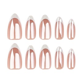 Chrome Press on Nails Medium Almond Fake Nails White French Tip False Nail Nude Glue on Nails Glossy Reusable Artificial Acrylic Full Cover Stick on Nail for Women Manicure 24Pcs