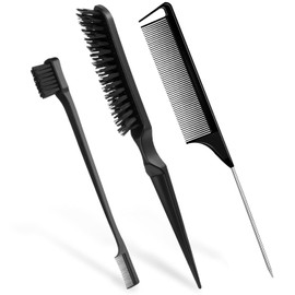 3 Pcs Slick Back Hair Brush, Double Sided Edges Slick Brush Set, Back Combing Teasing Brushes, Backcombing For Women Salon Hair Slicking, Black