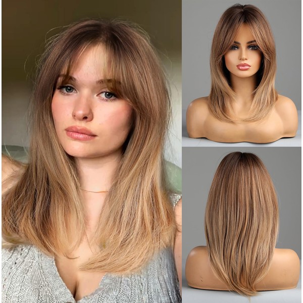 vedar Warm Brown Wigs with Bangs for White Women, Natural