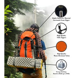 DURATON Hiking Backpack 50L, Water Resistant Light-Weight Day Pack for Backpacking Camping and Travel (Orange)