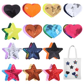 Oruola 28pcs Star Iron on Patches,Sequin Embroidered Patch Applique Embellishments,Heart Sequin Iron on Patches for Clothing Jackets Jeans Shoes Bags Hats Decoration DIY Crafts