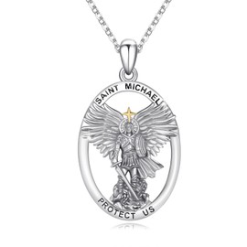CRWENG St. Michael Necklace for Men 925 Sterling Silver Archangel Saint Michael Pendant Archangel Miracle Medal Necklaces Protect Us Religious Jewellery Gift for Women