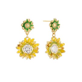 SIXFOX St. Patrick's Day Flower Earrings For Women Trendy 14K Gold Plated Double Flower Dangle Drop Earrings CZ Statement Earring Hypoallergenic Green Accessories Jewelry Gifts For Her