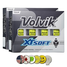 New Volvik XT Soft Extreme Soft Feel and Power Distance, 3-Piece Construction Urethane Cover Golf Ball. 2 Dozen (Yellow) with 5 Ball Marker and 1 Magnet Hat Clip