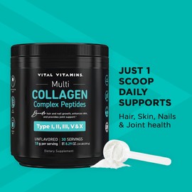 Vital Vitamins Collagen Peptides Powder - Multi Collagen Type I, II, III, V, X - Collagen Powder for Women & Men - Unflavored - Promotes Hair, Skin, Nails, & Joints Health - 30 Servings