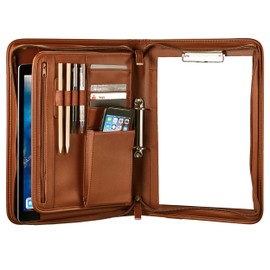 Onvaya® A4 Conference Folder, Black/Brown/Cognac, Files Folder, Business Folder, Writing Folder with Pad, Durable Artificial Leather Portfolio Folder, Metal Plate for Engraving, Document Folder