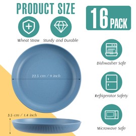 Tioncy 16 Pack Wheat Straw Dinner Plates 9 Inch Unbreakable Toddler and Children Dinner Plates Set Microwave & Dishwasher Safe Reusable Healthy Plate for BBQ, Travel, Events, 16 Colors