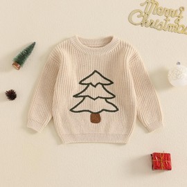 Lesimsam Toddler Baby Boy Girl Christmas Outfit Embroidery Knit Sweater Oversized Knitted Sweatshirt Pullover Winter Clothes (Christmas Tree Apricot, 12-18 Months)