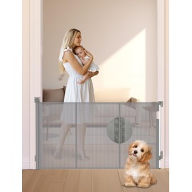 Reinforced Retractable Baby Gates, No Drilling Mesh Baby Gate for Stairs, 35.2" Tall, Extends up to 63" Wide, Retractable Dog Gate, Child Pet Safety Gate for Doorways, Stairs, Hallways, Indoor(Gray)