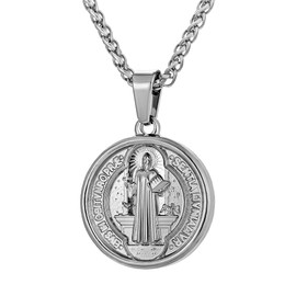 murtoo Pendant Necklace for Men, Saint Benedict Medal Necklace, Stainless Steel Mens Necklace, Protection Catholic Jewelry Gifts for Men Women (Silver, 22")