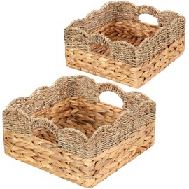 Scalloped Baskets (Natural-Set of 2) Wicker Basket For Decor, Basket Living Room Organizer, Bathroom, Bedroom, Laundry,... Water Hyacinth Mix Seagrass Storage Baskets with Built-in Handles.