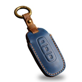 SANRILY Handmade Leather 3 Button Key Fob Cover for Nissan Ariya 8 Gen th New Teana 2022 2023 Pathfinder Kicks X-Trail Rogue Keyless Smart Key Case with Keychain Blue-A Type