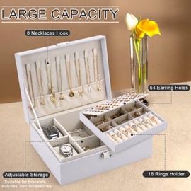 Pystuvo Jewellery Box for Women, 2-Layer Large Jewellery Organiser Box with 2 Watch Pillows, PU Leather, Travel Jewellery Organiser for Earrings Rings Necklaces Watches Bracelets,White
