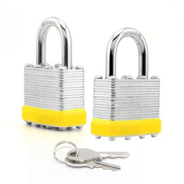 LanuBe Lock Laminated keyed Padlock (1-9/16", 40mm), keyed Alike Locks, Normal Shackle,Marked Yellow Plastic Hoop, Pack of 2