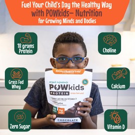POWkids Kids Protein Shake Powder 18g – Zero Sugar, Organic Ingredients, Grass-Fed Whey Proteins – Calcium & Choline for Bone Strength & Brain Development, Protein Shake, 15-45 Servings – Chocolate