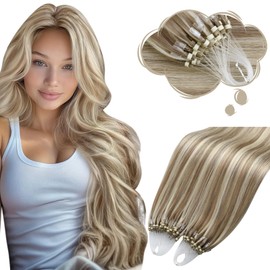 Moresoo Blonde Micro Loop Hair Extensions Medium Golden Brown with Platinum Blonde Human Hair Microbead Extensions 24 inch 50g/50s