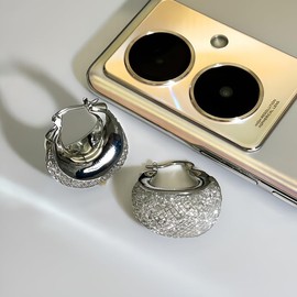 Huge Tomato Gold and Crystal Huggie Earrings Chunky Hoop Earrings Silver Pin