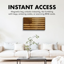 Bellewood Designs American Flag Gun Cabinet - Hand-Carved Hidden Gun Shelf - Quick Access Hidden Gun Safe for Handguns - Wall Gun Safe with Magnetic Lock - Discreet Firearm Storage (Early American)