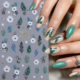 Christmas Nail Stickers Decals 5D Embossed Nail Art Stickers Cute Xmas Nail Decals Christmas Flower Blue Snowflake Holly Leaf Nail Design Stickers Winter Nail Supplies for Women Nail Decorations 3PCS