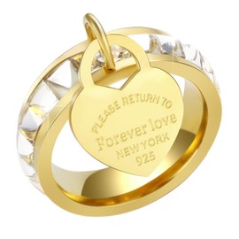 JINHUI Eternity Band Ring for Women, Forever Love Promise Ring, Cubic Zirconia Wedding Band Engagement Ring with Dangling Heart Charm (Gold, 9)